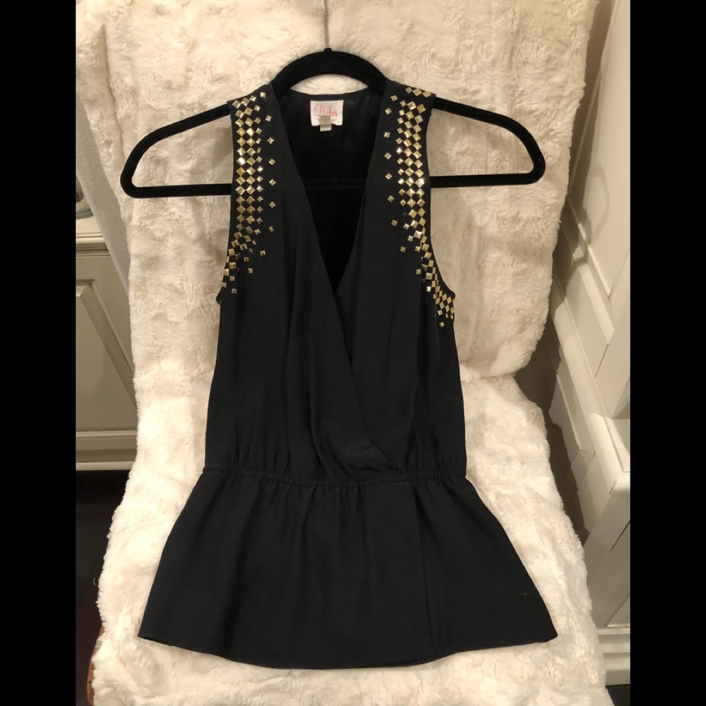 Parker black silk top with gold grommets- small